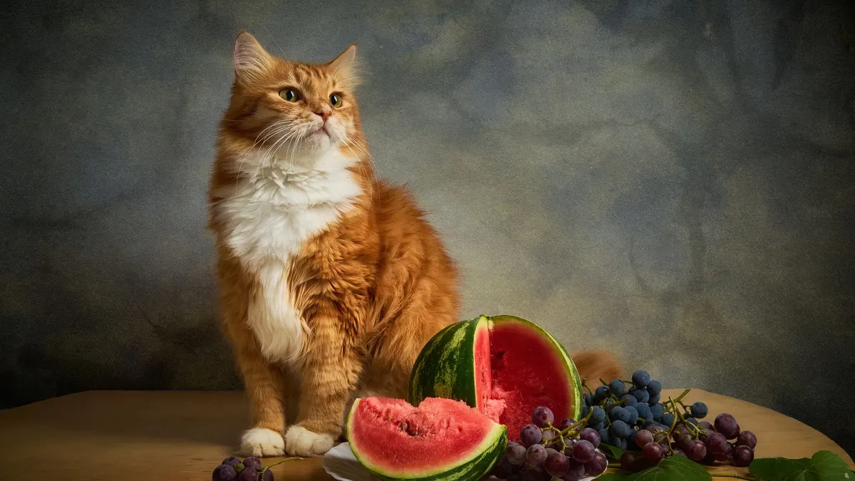 A fluffy orange cat poses beside a sliced watermelon and grapes in a classic still life composition.