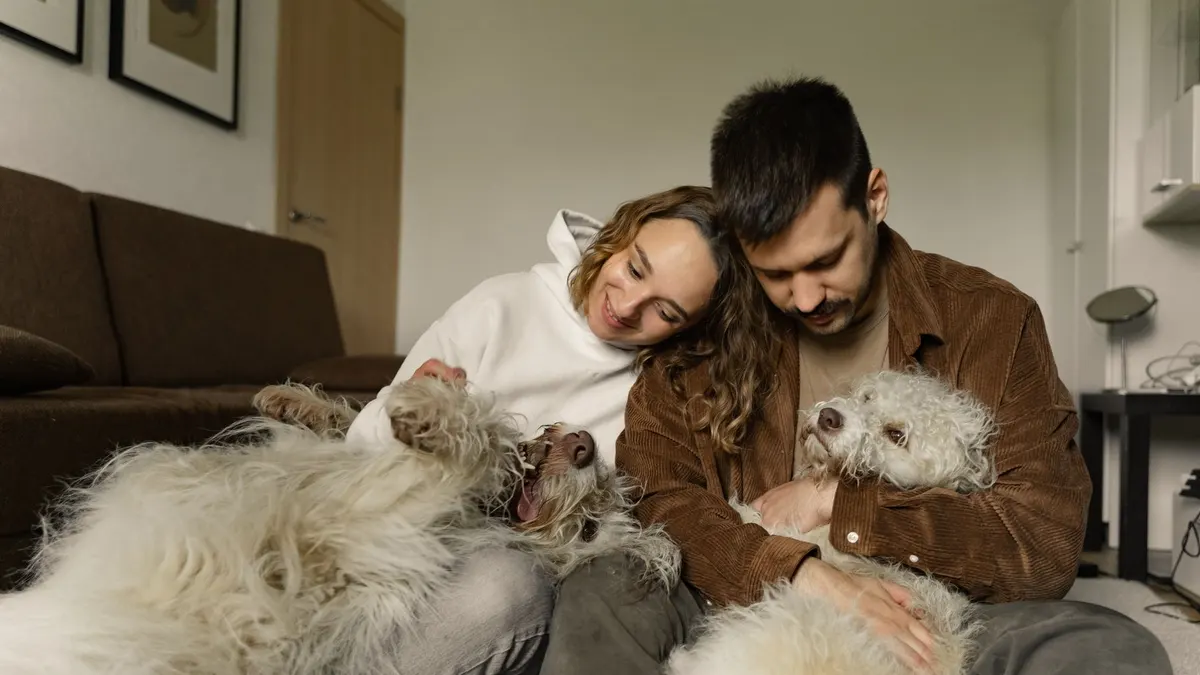 A joyful couple hugging their two fluffy dogs while sitting indoors, showcasing love and companionship.