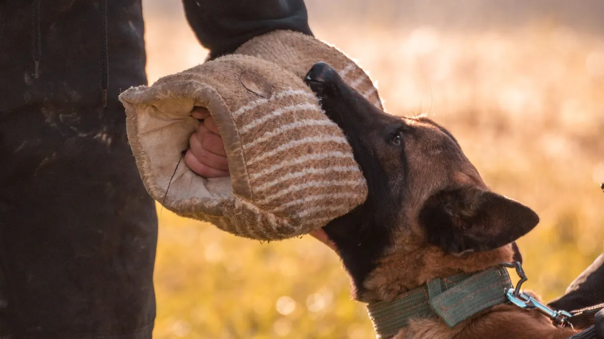 A Belgian Malinois dog practices biting training with a trainer using a bite sleeve outdoors.