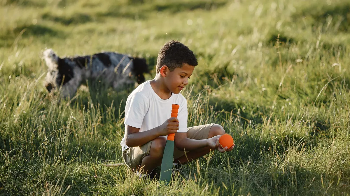 A boy enjoying outdoor play with a toy bat and ball. A playful dog accompanies him.