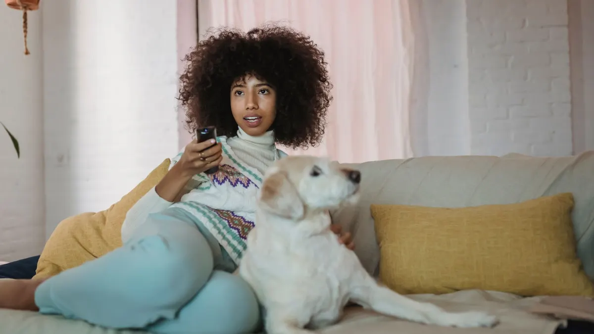 Concentrated young African American female owner with curly hair in casual clothes cuddling adorable dog while resting on sofa and watching TV