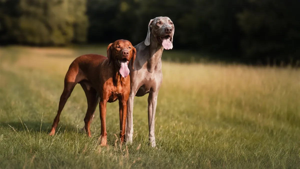 Two dogs standing on a sunny field, showcasing their joyful nature and playful spirit.