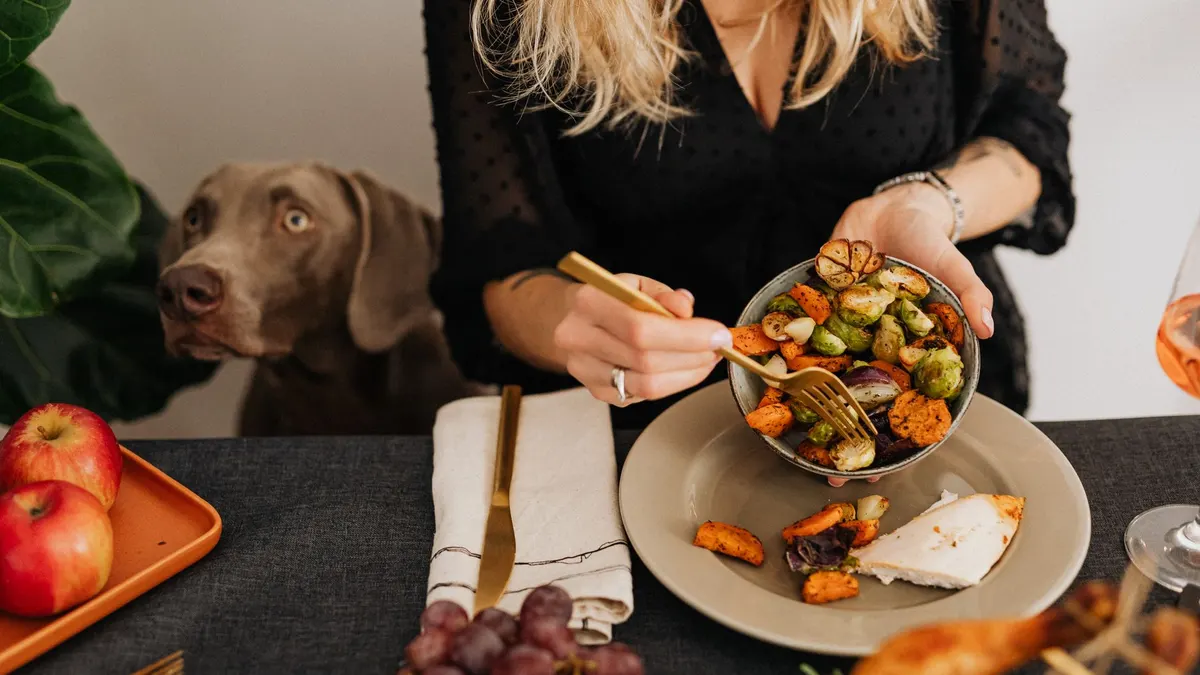 A cozy dinner scene with a person holding a vegetable bowl and a dog watching eagerly.